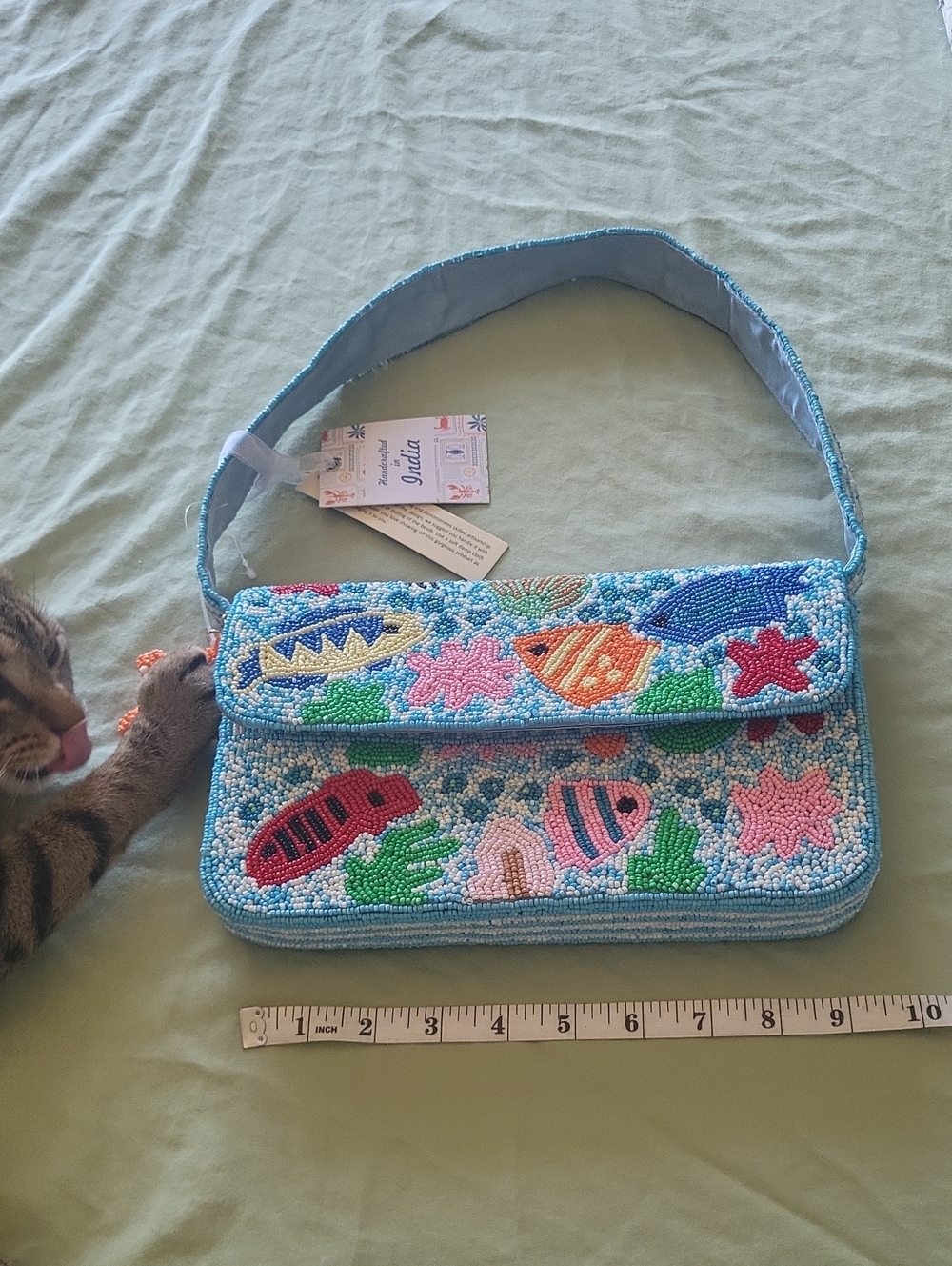 Source Unknown Light Blue Beaded Ocean Fish Shoulder Bag